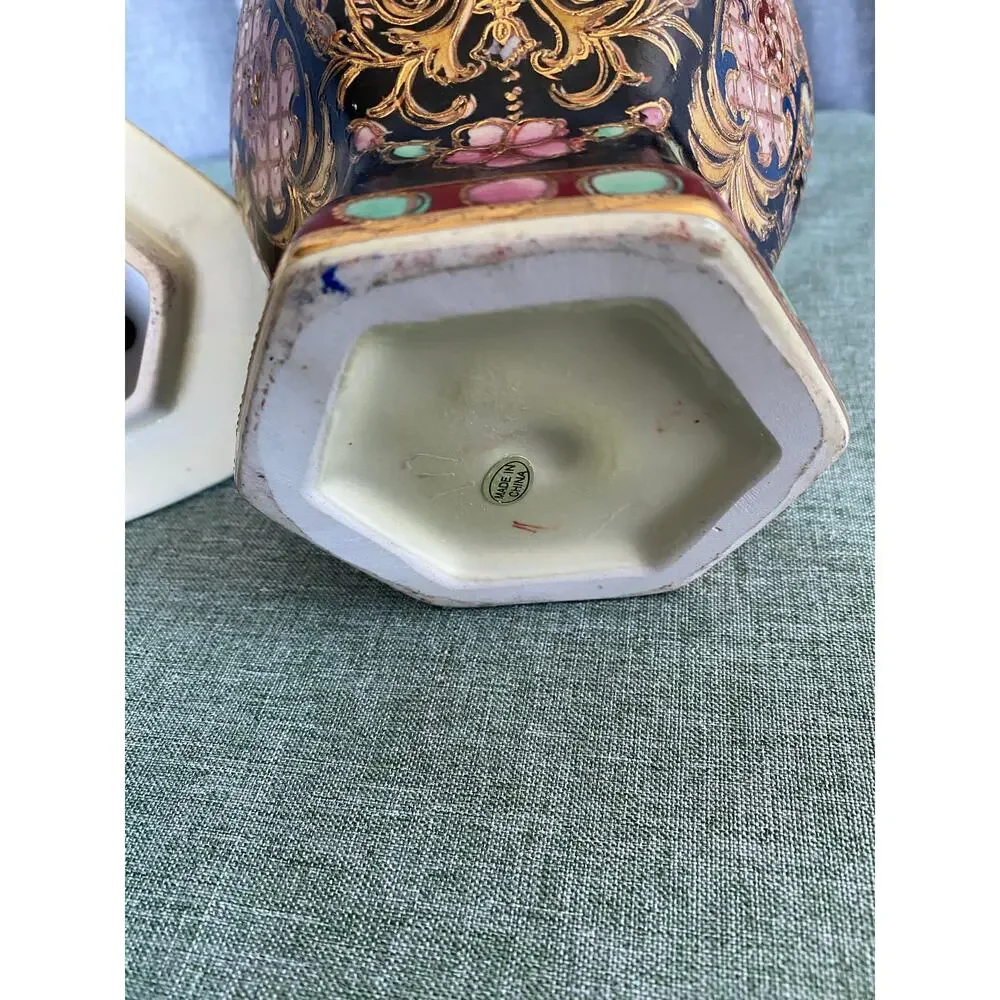 Vintage Satsuma Style Hexagonal Temple Jar Lidded Urn Floral Moriage Gold Gilt